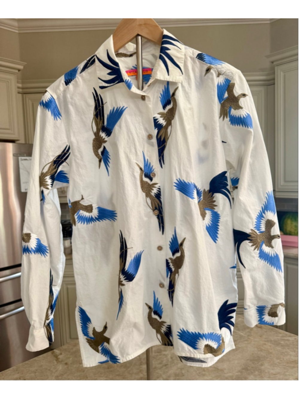 VILAGALLO Couture rare White & Blue Bird Embroidered Button Down Cotton Shirt 44